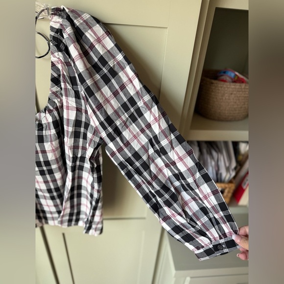 NWT J. Crew Friday Plaid V-Neck Pullover Blouse SZ M Black White & Pink Back Tie - Picture 11 of 15